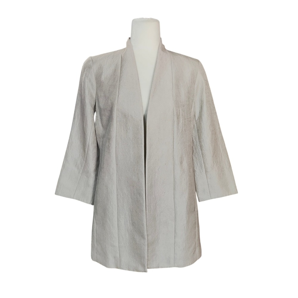 Eileen Fisher Silver Silk Blend Open Front Blazer Jacket Metallic Quiet Luxury S